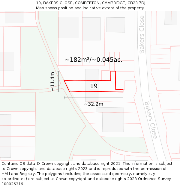 19, BAKERS CLOSE, COMBERTON, CAMBRIDGE, CB23 7DJ: Plot and title map