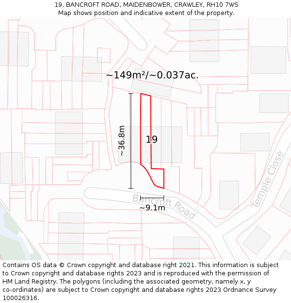 19, BANCROFT ROAD, MAIDENBOWER, CRAWLEY, RH10 7WS: Plot and title map