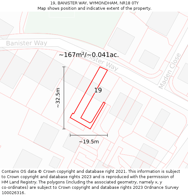 19, BANISTER WAY, WYMONDHAM, NR18 0TY: Plot and title map