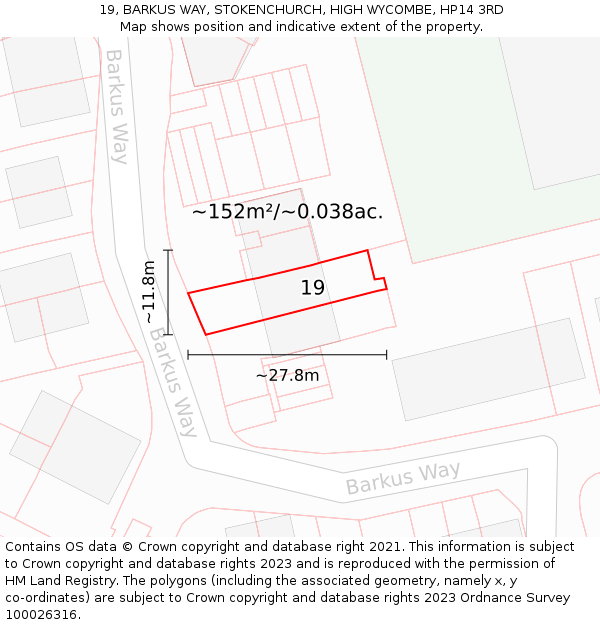 19, BARKUS WAY, STOKENCHURCH, HIGH WYCOMBE, HP14 3RD: Plot and title map