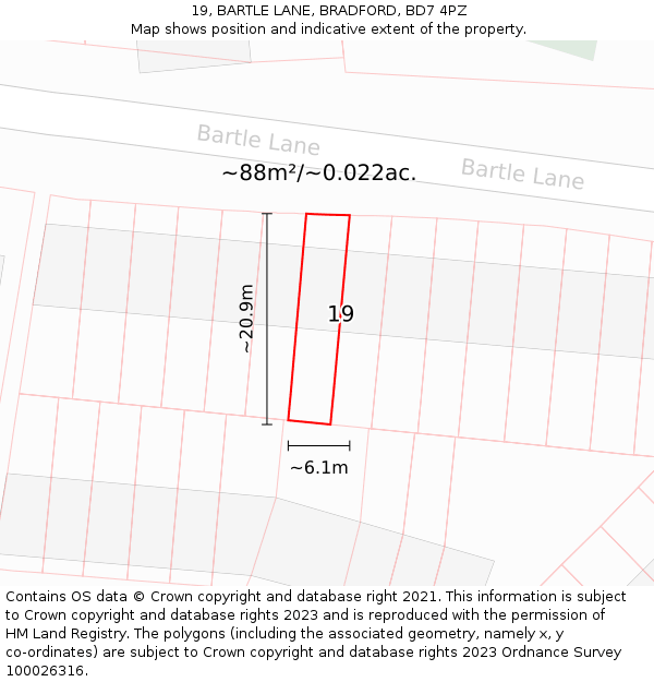 19, BARTLE LANE, BRADFORD, BD7 4PZ: Plot and title map