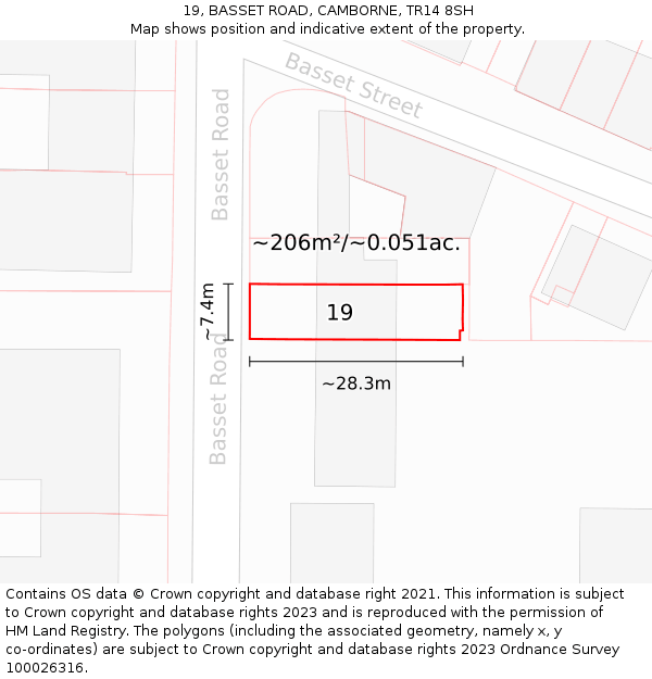 19, BASSET ROAD, CAMBORNE, TR14 8SH: Plot and title map