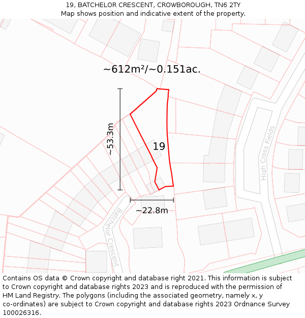 19, BATCHELOR CRESCENT, CROWBOROUGH, TN6 2TY: Plot and title map