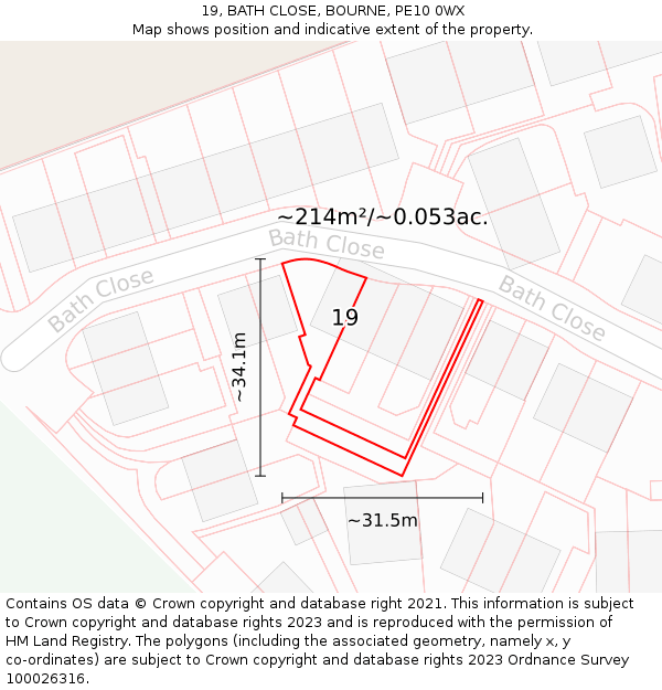 19, BATH CLOSE, BOURNE, PE10 0WX: Plot and title map