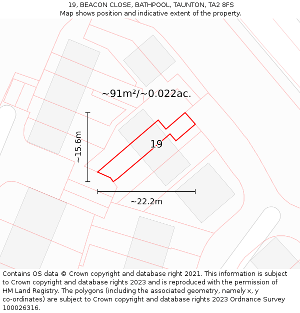 19, BEACON CLOSE, BATHPOOL, TAUNTON, TA2 8FS: Plot and title map