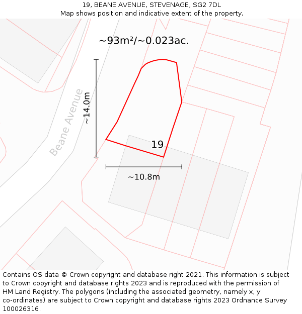 19, BEANE AVENUE, STEVENAGE, SG2 7DL: Plot and title map