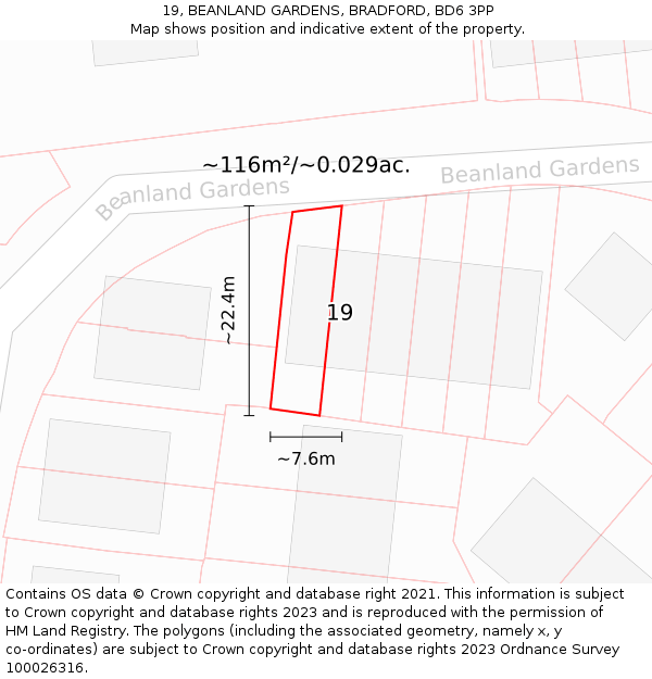 19, BEANLAND GARDENS, BRADFORD, BD6 3PP: Plot and title map