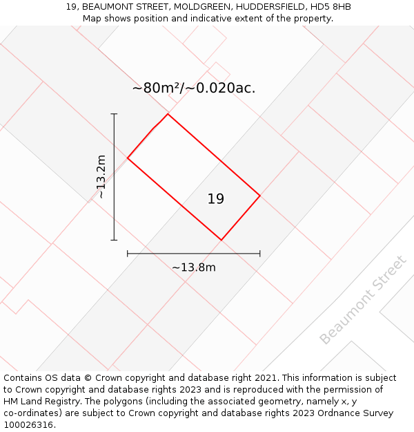 19, BEAUMONT STREET, MOLDGREEN, HUDDERSFIELD, HD5 8HB: Plot and title map