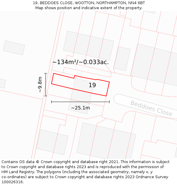 19, BEDDOES CLOSE, WOOTTON, NORTHAMPTON, NN4 6BT: Plot and title map