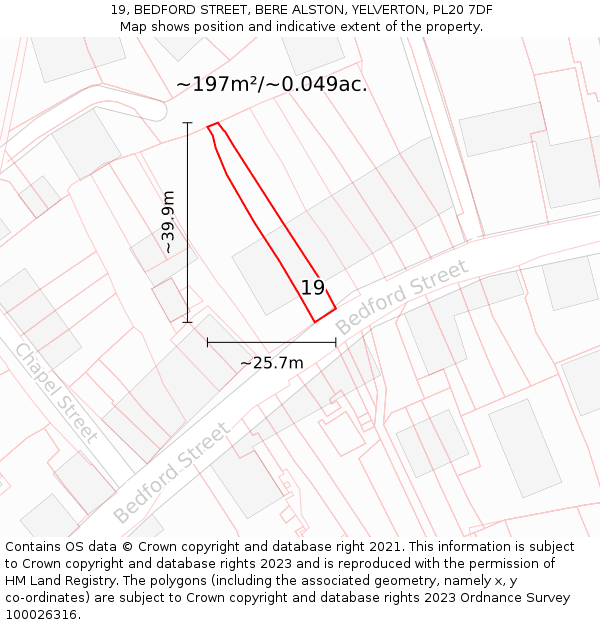 19, BEDFORD STREET, BERE ALSTON, YELVERTON, PL20 7DF: Plot and title map