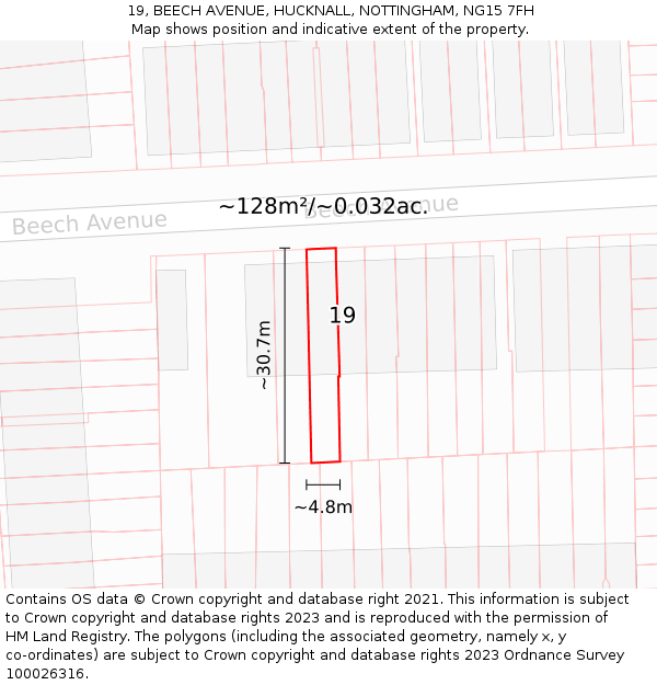 19, BEECH AVENUE, HUCKNALL, NOTTINGHAM, NG15 7FH: Plot and title map