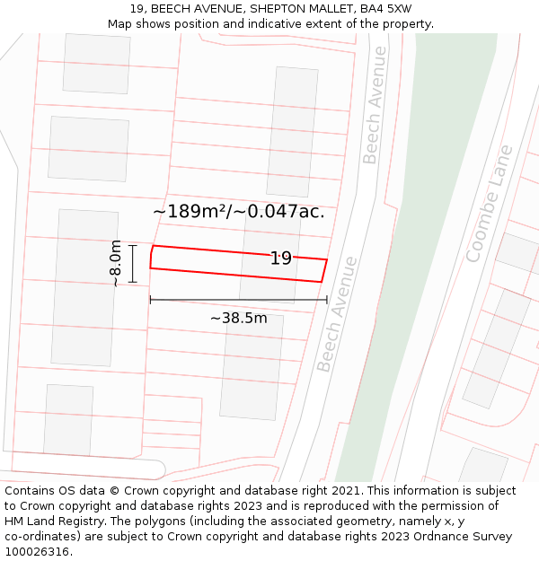 19, BEECH AVENUE, SHEPTON MALLET, BA4 5XW: Plot and title map