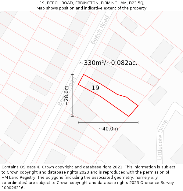 19, BEECH ROAD, ERDINGTON, BIRMINGHAM, B23 5QJ: Plot and title map
