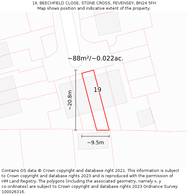 19, BEECHFIELD CLOSE, STONE CROSS, PEVENSEY, BN24 5FH: Plot and title map