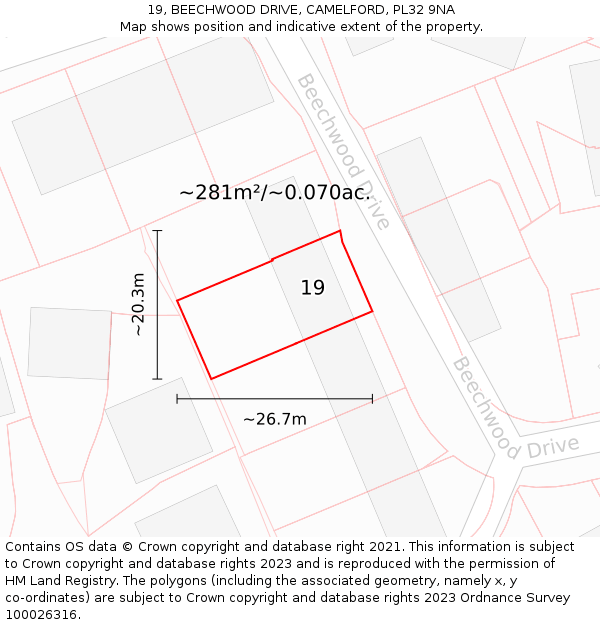 19, BEECHWOOD DRIVE, CAMELFORD, PL32 9NA: Plot and title map