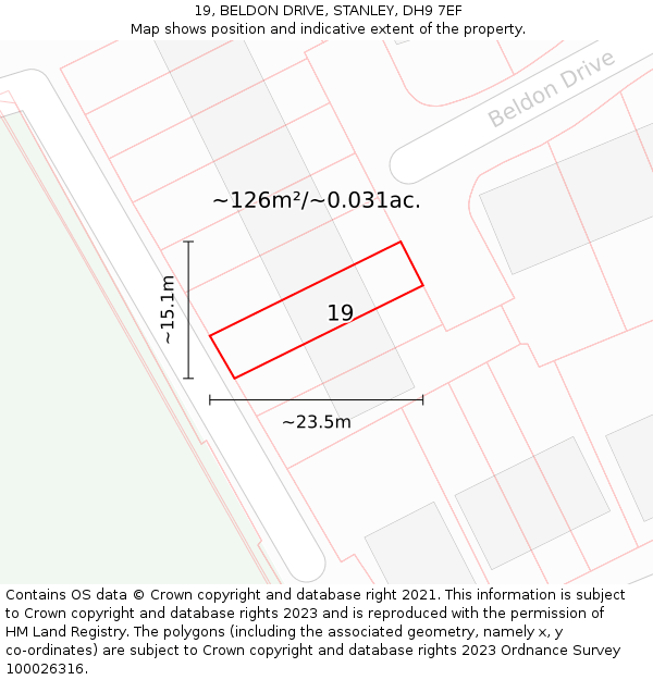 19, BELDON DRIVE, STANLEY, DH9 7EF: Plot and title map