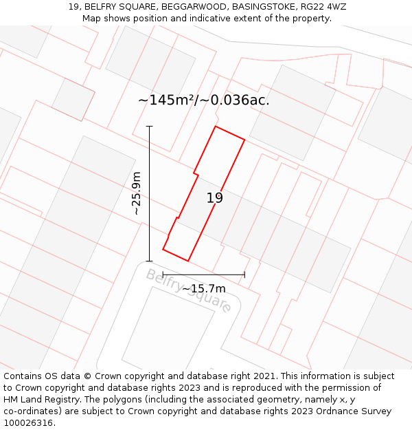 19, BELFRY SQUARE, BEGGARWOOD, BASINGSTOKE, RG22 4WZ: Plot and title map