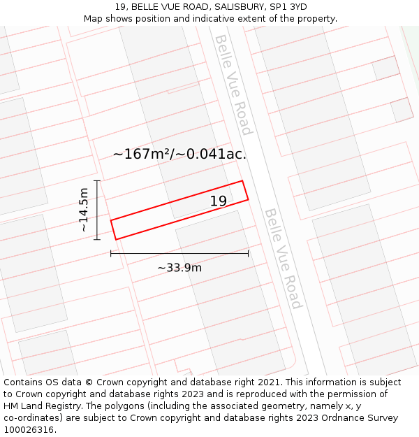 19, BELLE VUE ROAD, SALISBURY, SP1 3YD: Plot and title map