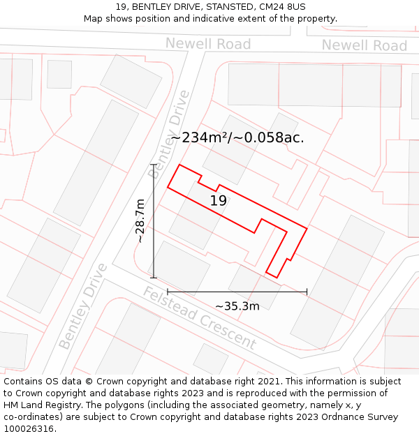 19, BENTLEY DRIVE, STANSTED, CM24 8US: Plot and title map