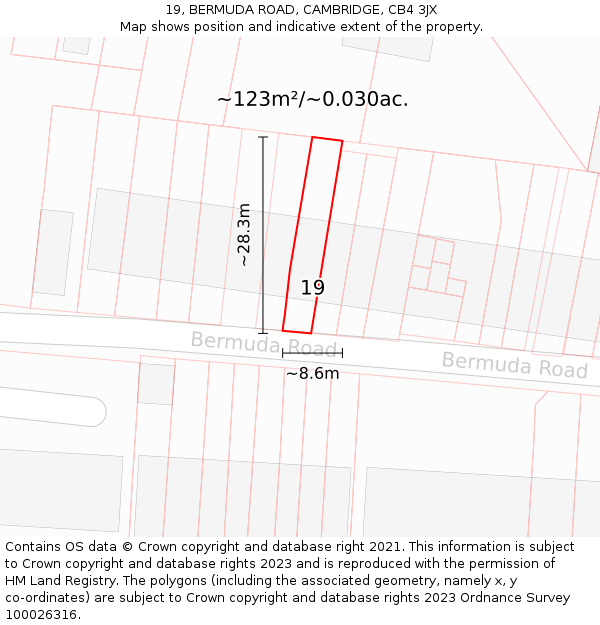 19, BERMUDA ROAD, CAMBRIDGE, CB4 3JX: Plot and title map