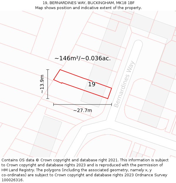 19, BERNARDINES WAY, BUCKINGHAM, MK18 1BF: Plot and title map