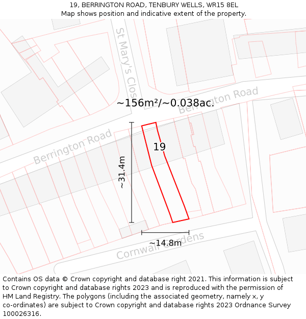 19, BERRINGTON ROAD, TENBURY WELLS, WR15 8EL: Plot and title map