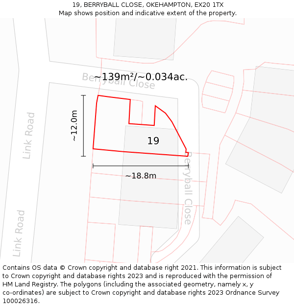 19, BERRYBALL CLOSE, OKEHAMPTON, EX20 1TX: Plot and title map