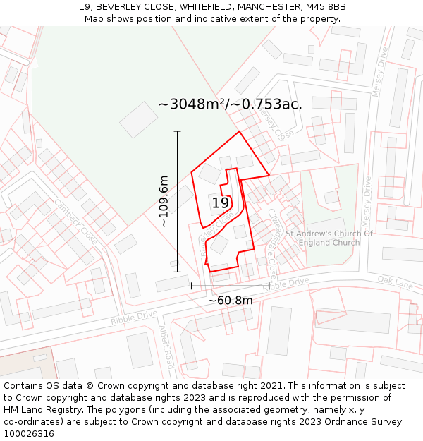 19, BEVERLEY CLOSE, WHITEFIELD, MANCHESTER, M45 8BB: Plot and title map