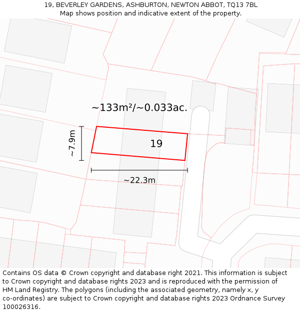 19, BEVERLEY GARDENS, ASHBURTON, NEWTON ABBOT, TQ13 7BL: Plot and title map