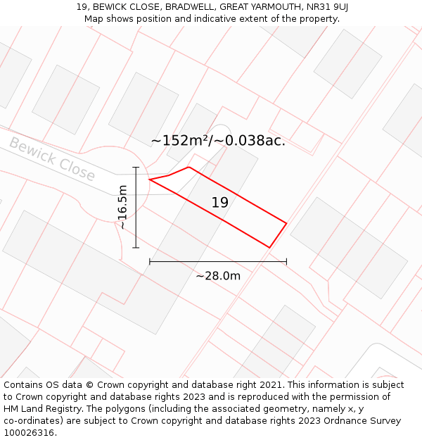 19, BEWICK CLOSE, BRADWELL, GREAT YARMOUTH, NR31 9UJ: Plot and title map