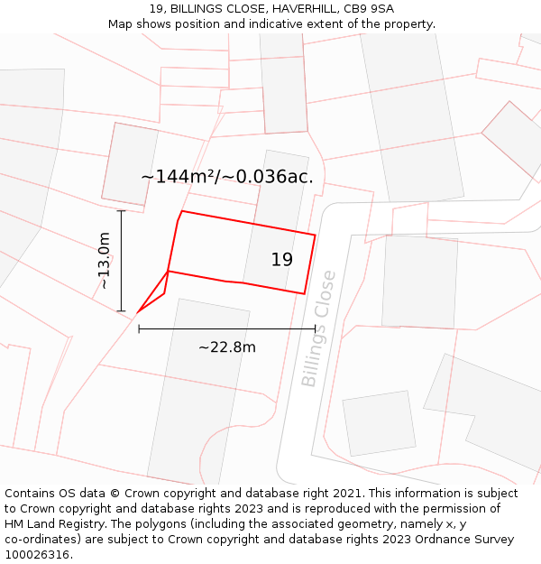 19, BILLINGS CLOSE, HAVERHILL, CB9 9SA: Plot and title map