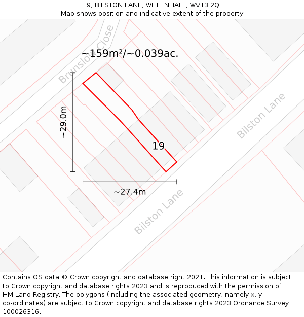 19, BILSTON LANE, WILLENHALL, WV13 2QF: Plot and title map