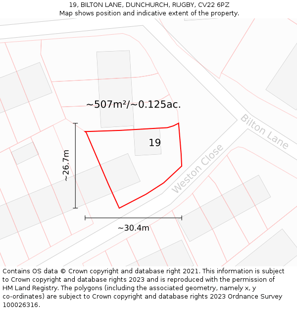 19, BILTON LANE, DUNCHURCH, RUGBY, CV22 6PZ: Plot and title map