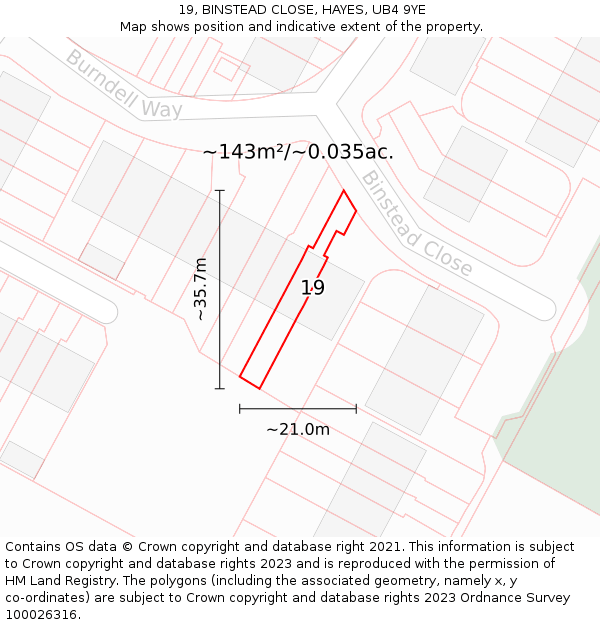 19, BINSTEAD CLOSE, HAYES, UB4 9YE: Plot and title map