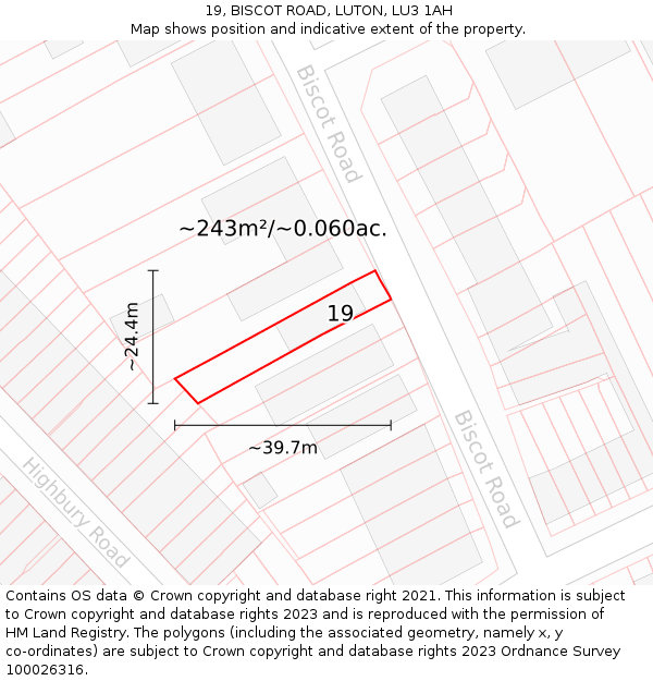 19, BISCOT ROAD, LUTON, LU3 1AH: Plot and title map