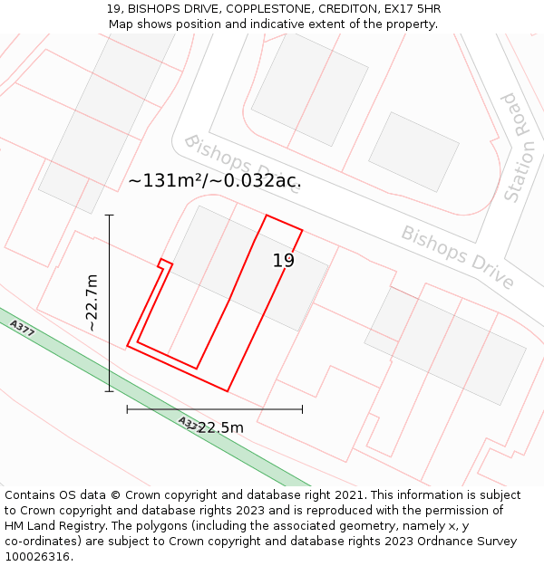 19, BISHOPS DRIVE, COPPLESTONE, CREDITON, EX17 5HR: Plot and title map