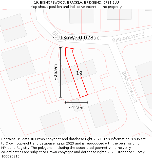 19, BISHOPSWOOD, BRACKLA, BRIDGEND, CF31 2LU: Plot and title map