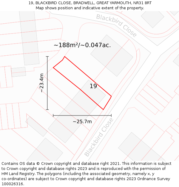19, BLACKBIRD CLOSE, BRADWELL, GREAT YARMOUTH, NR31 8RT: Plot and title map