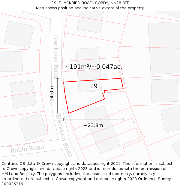 19, BLACKBIRD ROAD, CORBY, NN18 8FE: Plot and title map
