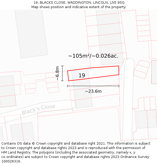 19, BLACKS CLOSE, WADDINGTON, LINCOLN, LN5 9SG: Plot and title map