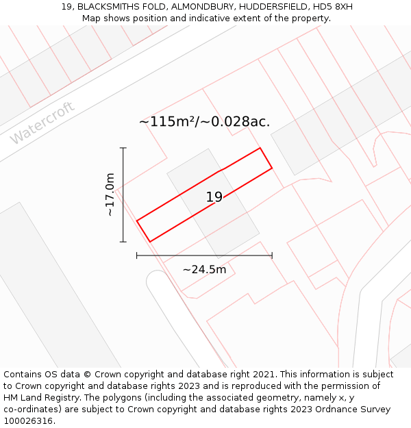 19, BLACKSMITHS FOLD, ALMONDBURY, HUDDERSFIELD, HD5 8XH: Plot and title map