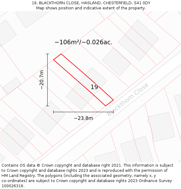 19, BLACKTHORN CLOSE, HASLAND, CHESTERFIELD, S41 0DY: Plot and title map