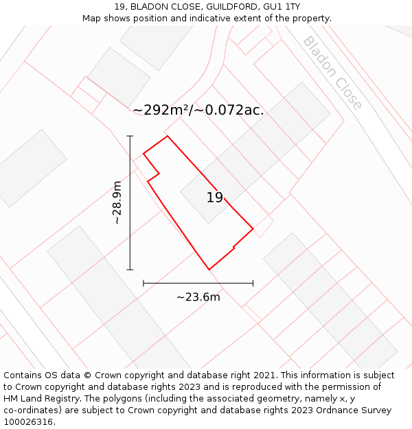 19, BLADON CLOSE, GUILDFORD, GU1 1TY: Plot and title map