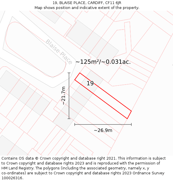19, BLAISE PLACE, CARDIFF, CF11 6JR: Plot and title map
