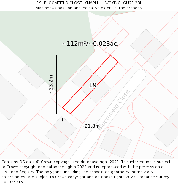 19, BLOOMFIELD CLOSE, KNAPHILL, WOKING, GU21 2BL: Plot and title map