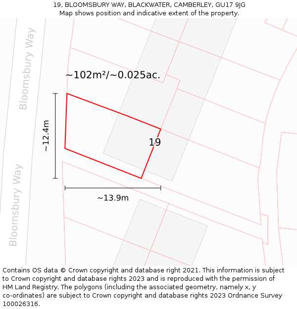 19, BLOOMSBURY WAY, BLACKWATER, CAMBERLEY, GU17 9JG: Plot and title map