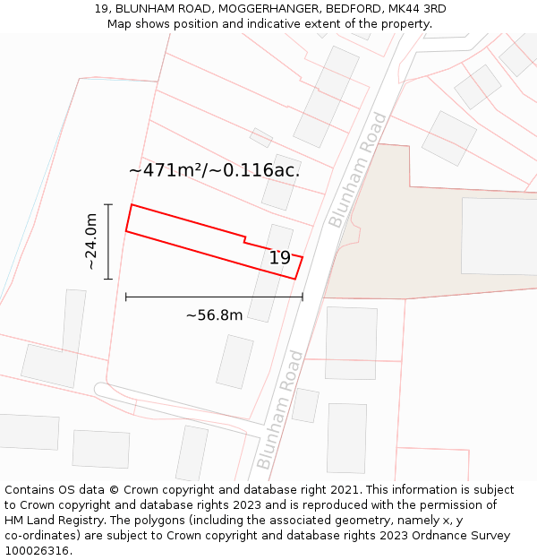 19, BLUNHAM ROAD, MOGGERHANGER, BEDFORD, MK44 3RD: Plot and title map
