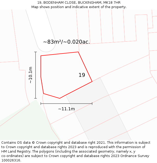 19, BODENHAM CLOSE, BUCKINGHAM, MK18 7HR: Plot and title map
