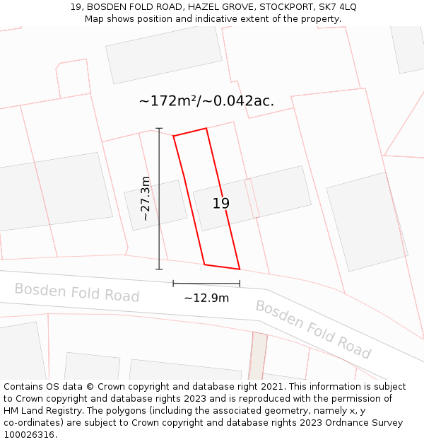 19, BOSDEN FOLD ROAD, HAZEL GROVE, STOCKPORT, SK7 4LQ: Plot and title map