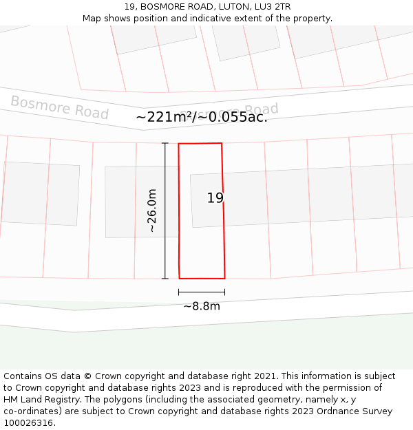 19, BOSMORE ROAD, LUTON, LU3 2TR: Plot and title map